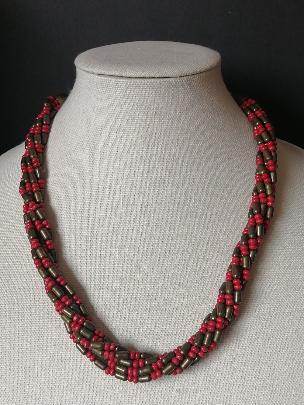 Handcrafted Red and Antique Gold Beaded Braided Necklace